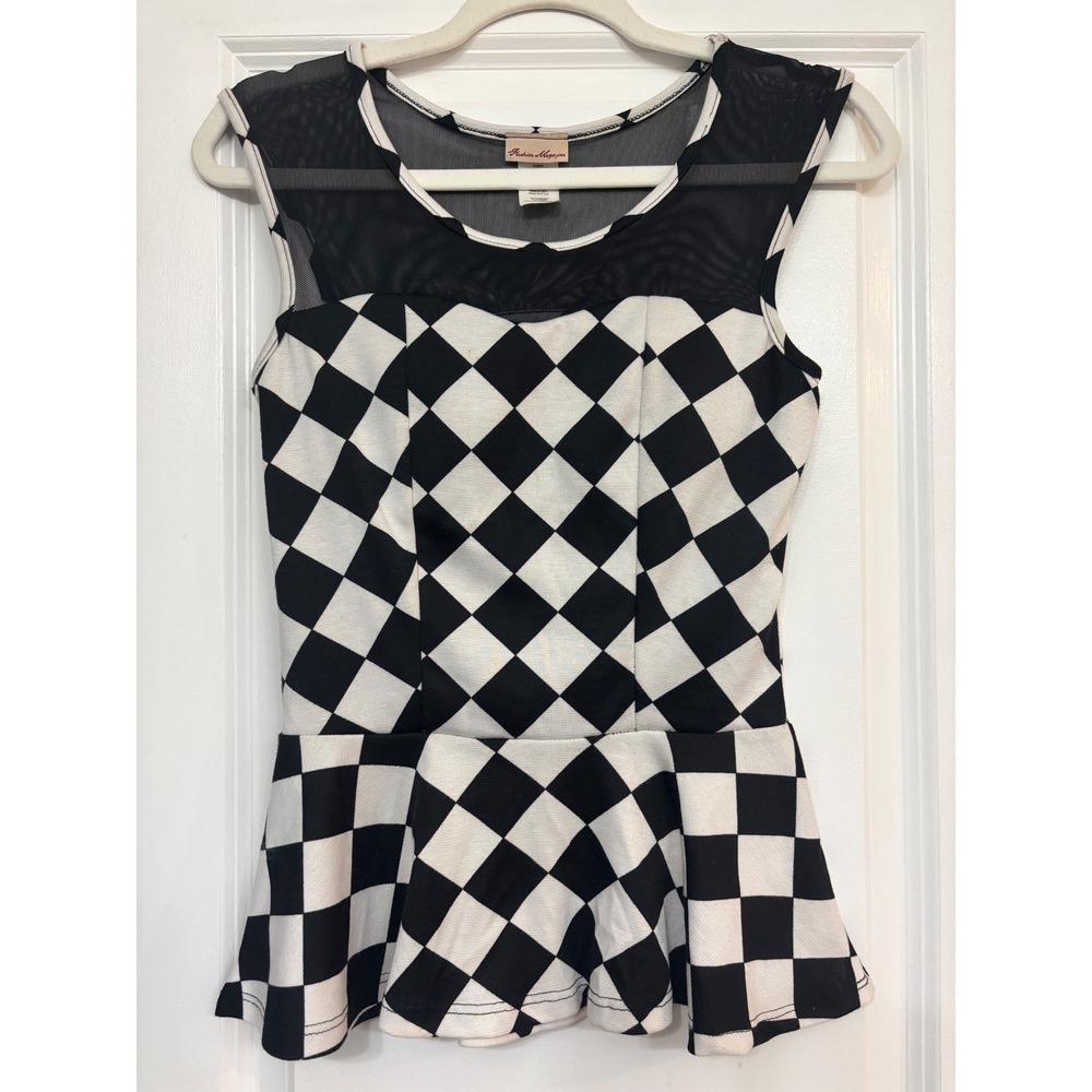 Fashion Magazine Checkered Peplum Top Mesh Yoke Cutout Back Black White XL